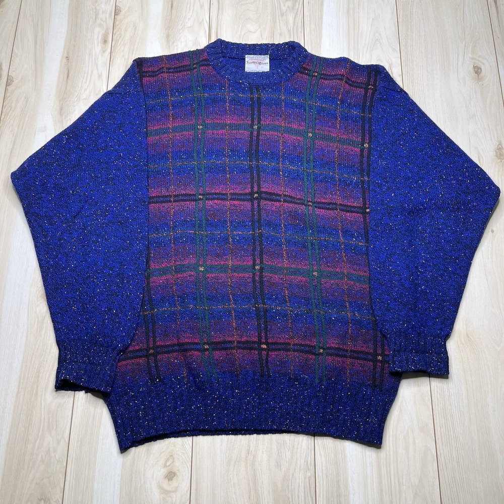 VTG Scott Officer Lambswool Silk Blend Knit Sweater Mens Medium Plaid Scotland